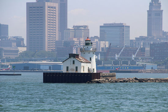 Cleveland Harbor West Pierhead Light, with Cleveland, Ohio in the background