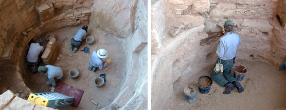 Stabilization crews repairing kiva walls.