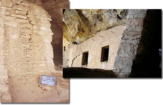 Images of damaged walls in cliff dwelling sites.