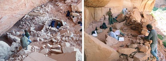 Two images of archeologists working in an alcove archeological site.