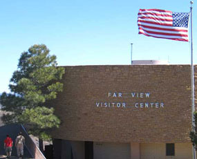 Visitors walking up ramp to the Far View Visitor Center