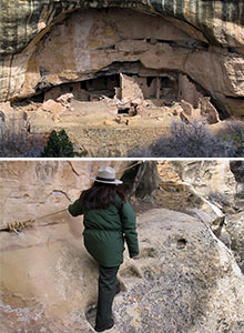 Two images of Oak Tree House. One from viewpoint and one of ranger walking on stone carved steps on the way to Oak Tree House.