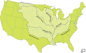 A map of the United States showing the extent of the are drained by the Mississippi River.