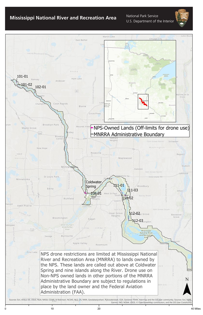 Map of the Mississippi National River and Recreation Area and the property owned by the National Park service for use by drone pilots defining where they can and cannot fly drones.