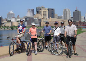 The planning team on bicycles along the river in downtown St. Paul.