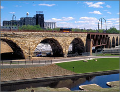 View of Stone Arch Bridge in the Minneapolis Riverfront District.