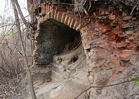 A line of bricks, all that remains of a late 1800s brick kiln, arches across a wooded hillside.&nbsp;