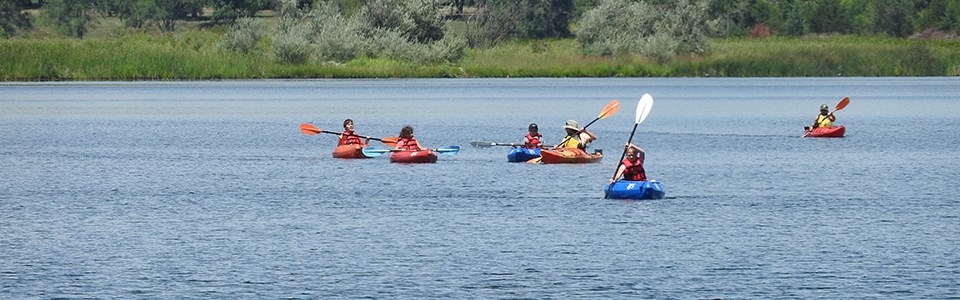 Kayaks out on a lake paddling under a blue sky.