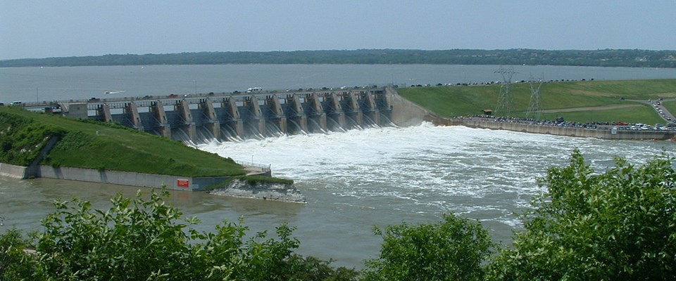 All gates on the Gavins Point Dam are open allowing water to pass through into the Missouri River during the 2011 Flood.