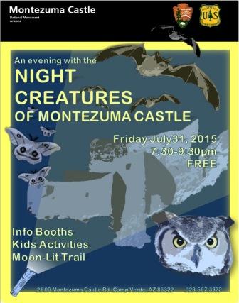 Flyer for Night Event on MOCA night creatures with drawings of owl, moths and bats.