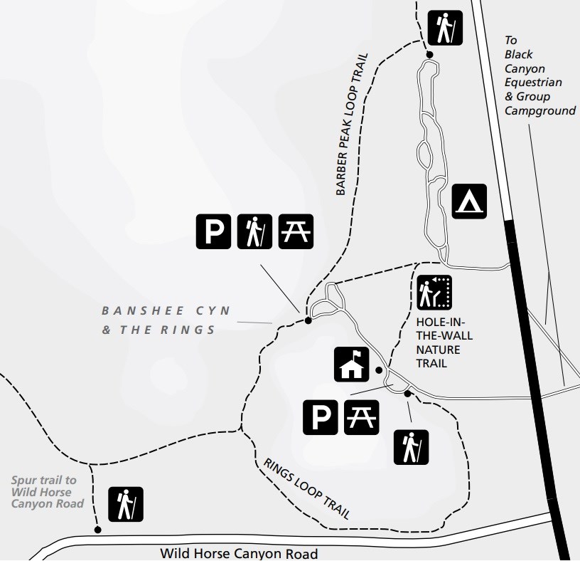 A close up map showing Hole-in-the-Wall trail locations.