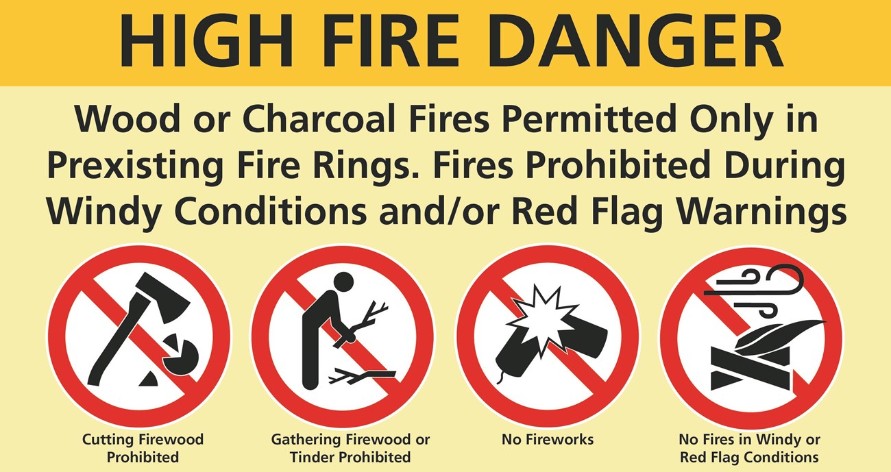 Image showing, Fires in existing fire rings are okay. Charcoal grills okay. No fires during red flag warnings or windy conditions. No cutting of firewood, no fireworks.