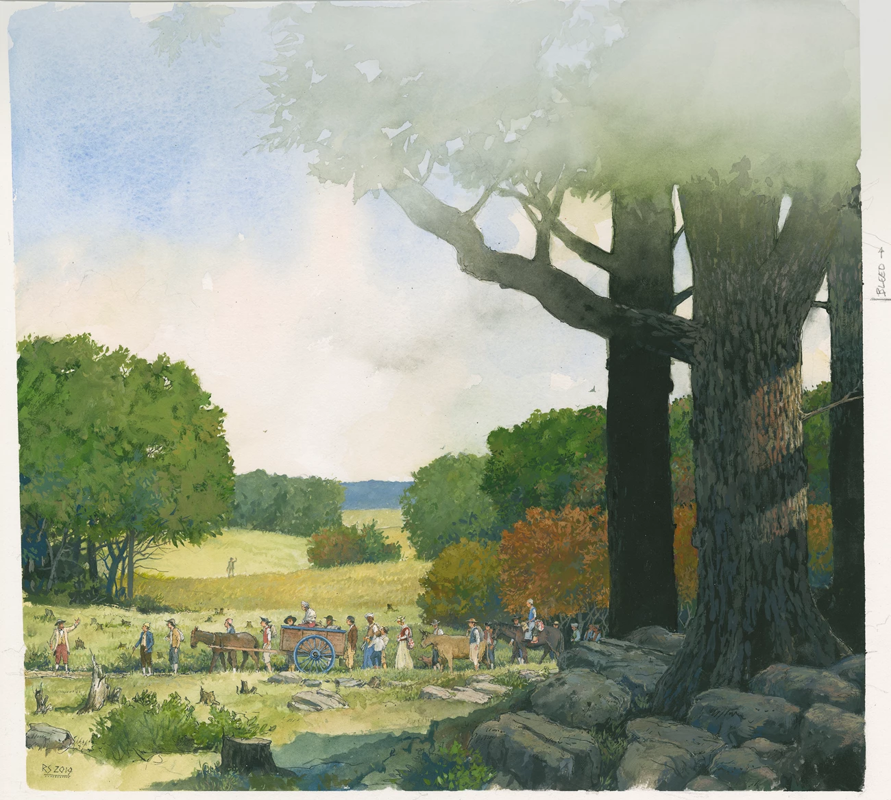 European Settlers Water color depicting 18th century Europeans traveling west.