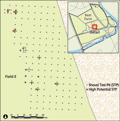A computer made map showing the location of shovel test pits done during the archeological survey at the Best Farm.