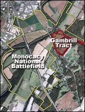 Areal photo of Monocacy National Battlefield with the Gambrill Tract outlined.