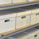 Archival boxes sit on a shelf