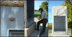 Three images left to right: detail of corroded bronze plaque, a preservationist applying wax to plaque, monument with treated bronze plaque.