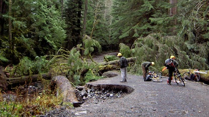 Flood damage to the Carbon River Road at Mount Rainier National Park.