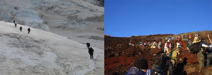 Climbers on Mount Rainier (left) and Mount Fuji (right).