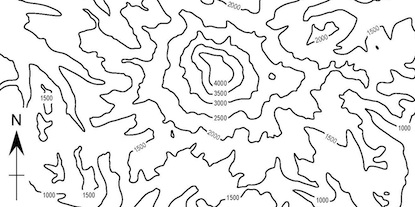 An excerpt from a black and white topographic contour map of Mount Rainier.
