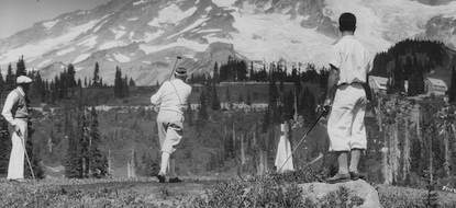 Historic photo of several golfers on the former Mount Rainier golf course in the Paradise Valley.