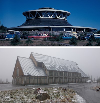 Two images, the top showing the round, flat-topped old Jackson Visitor Center; the bottom image showing the smaller, pitched-roof, new Jackson Visitor Center.