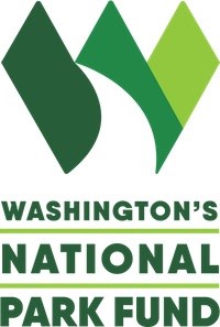 A "W" resembling three green hills with a white trail curving between two of the points above the text "Washington's National Park Fund"