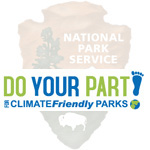 Do Your Part For Climate Friendly Parks! logo in front of the National Park Service arrowhead logo.