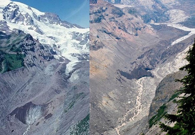 Two side-by-side pictures of the snout of the Nisqually glacier - left one, 1994; right one 2015.