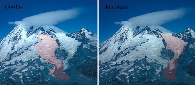 Two duplicate images of Mount Rainier with the Cowlitz glacier highlighted on left and the Ingraham glacier highlighted on right.