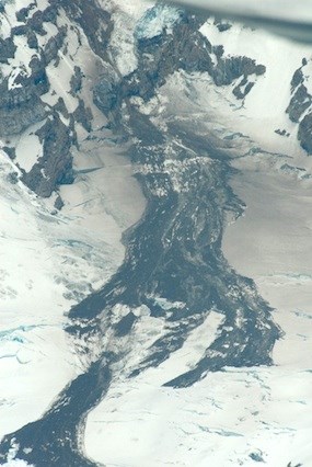 An aerial photo of a rockfall avalache on top of the Nisqually Cleaver glacier taken June 24, 2011.
