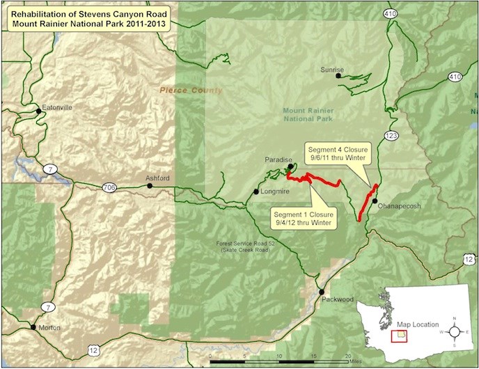 A map marking the areas being rehabilitated along Stevens Canyon Road.