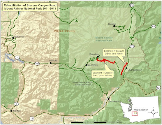 A map marking the areas of Stevens Canyon Road that will continue to be rehabilitated in 2012 adn 2013.