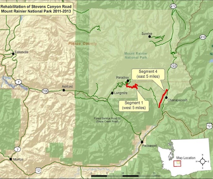 A map of Mount Rainier National Park indicating the sections of Stevens Canyon Road under rehabilitation.