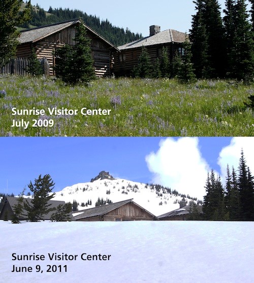 A view of the Sunrise Visitor Center from the southwest covered in snow, versus a similar photo of the visitor center without snow.