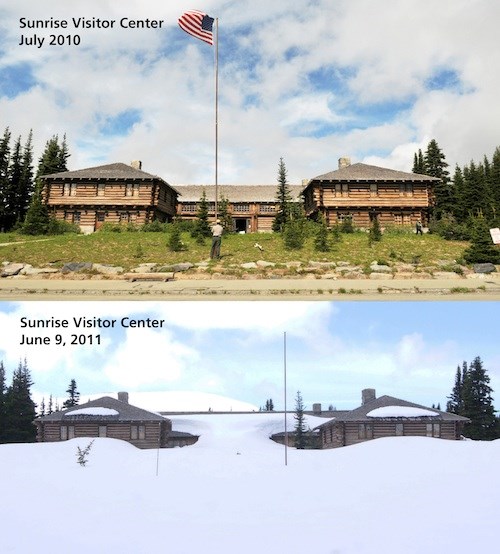 Sunrise Visitor Center covered in snow compared to without snow.