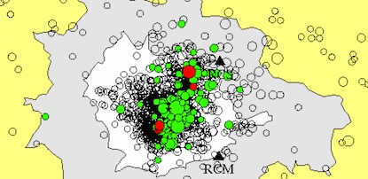 An excerpt of a graph mapping earthquake epicenters around Mount Rainier from January 2001 to November 2011.