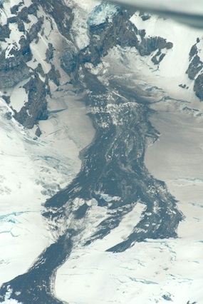 An aerial photo of a rockfall avalache on top of the Nisqually Cleaver glacier taken June 24, 2011.