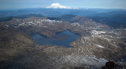 Mount Rainier viewed from the crater of Mount St. Helens.