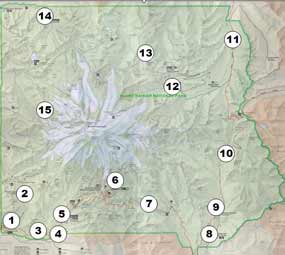 Map of Mount Rainier National Park with numbers indicating areas of significant damage caused by the November 2006 flood. The numbers refer to descriptions at right and below. Map of Mount Rainier National Park with numbers indicating areas of significant damage caused by the November 2006 flood. The numbers refer to descriptions at right and below.