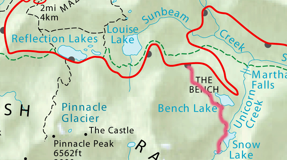 Trail route from Stevens Canyon to Bench and Snow Lakes/ SW.