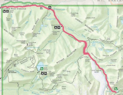 Trail route from Carbon River entrance to Carbon Glacier and Mystic Lake/ NW