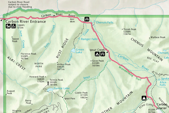 Trail route from Carbon River entrance to the Carbon Glacier/ NW.