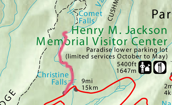 Trail route from Nisqually Road below Christine Falls to Comet Falls.