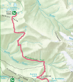 Trail route from Westside Road, near Nisqually entrance, through Klapatche Park to Golden Lakes/ SW.