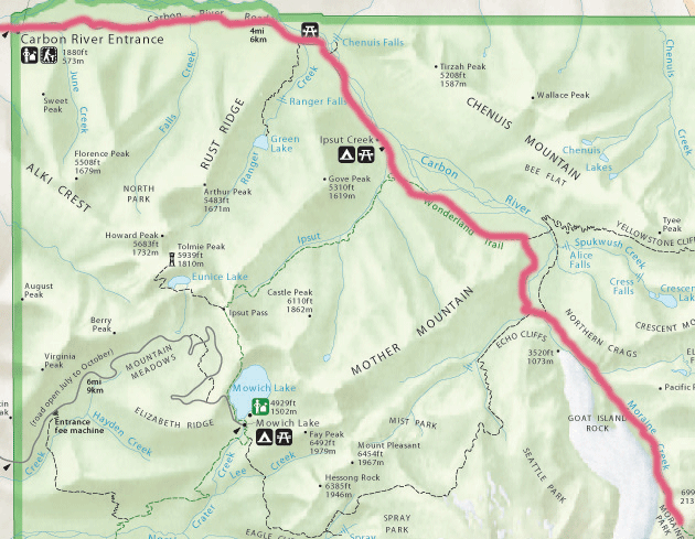 Trail route from Carbon River entrance past Carbon Glacier to Morain Park/ NW.