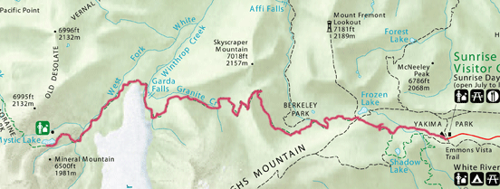 Trail route from Sunrise Visitor Center to Mystic Lake.