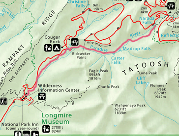 Trail route from Longmire to Narada Falls.