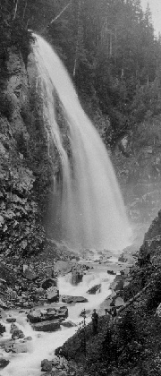 A black and white historic photo of Narada Falls. A black and white historic photo of Narada Falls.