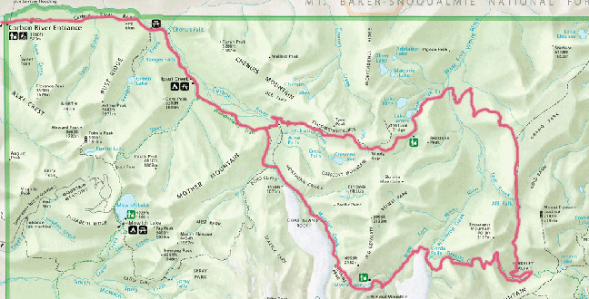 Trail route from Carbon River entrance to the round-trip Northern Loop/ NE.